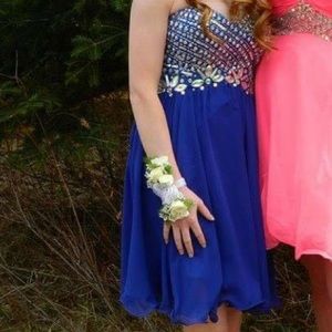 Short backless blue prom dress